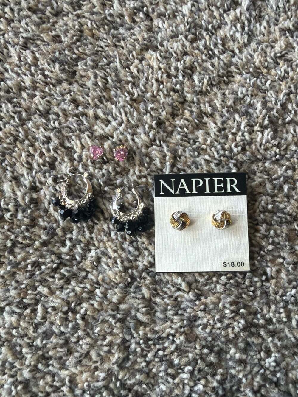 Napier Two-Tone Knot Studs, Pink Heart Studs, and Black Beaded Hoop Earrings Set